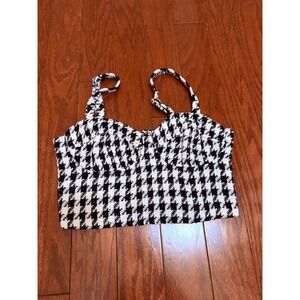 Black and White Houndstooth Tweed Bustier Crop Top Sweetheart Neckline